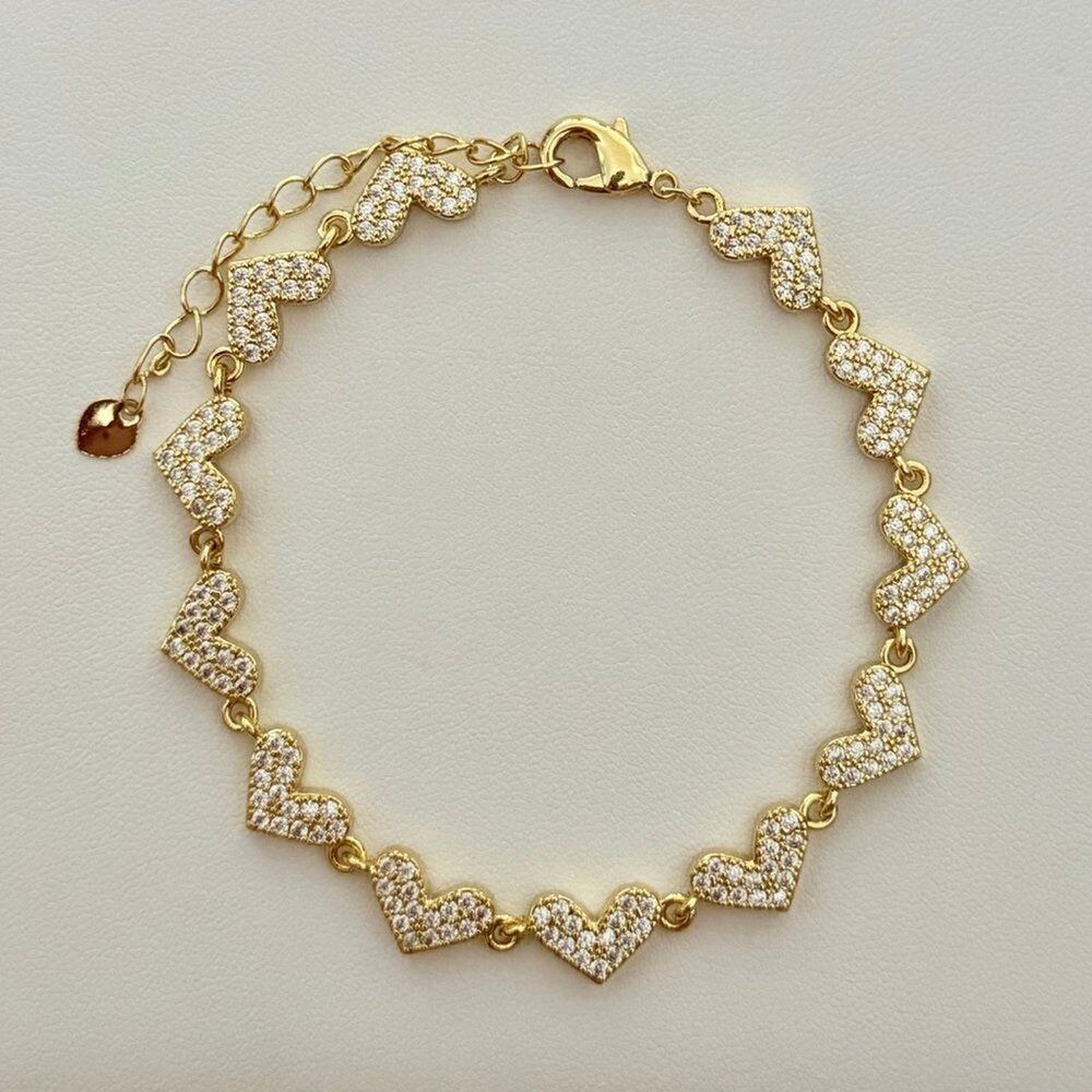 Gold Pave Heart Link Charm Bracelet